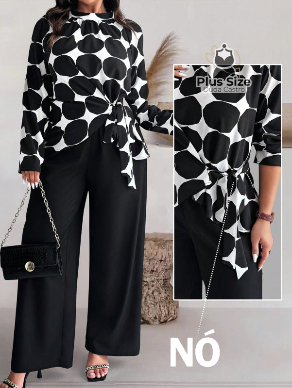 Conjunto Elegante com Blusa Longa Estampada e Calça lisa Várias Cores Plus Size G / Estampada Branca e Preta Conjunto