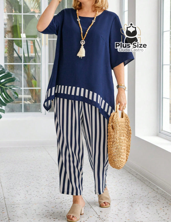 Conjunto Elegante Plus Size De Calça E Blusa