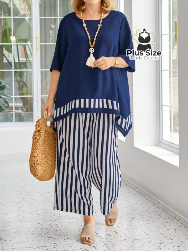 Conjunto Elegante Plus Size De Calça E Blusa G / Azul Marinho