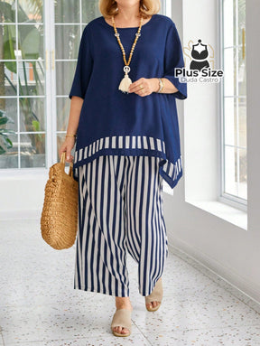 Conjunto Elegante Plus Size De Calça E Blusa G / Azul Marinho