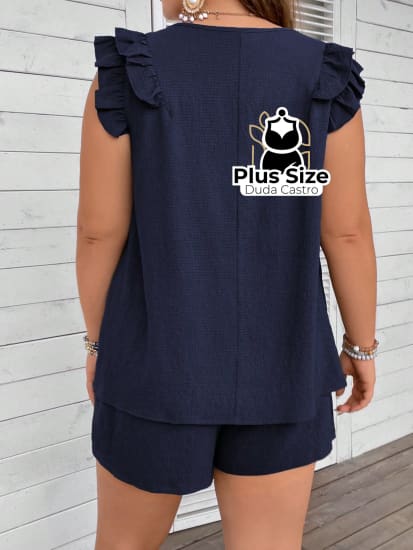 Conjunto Em Crepe De Short E Blusa Leve Descontraído Plus Size Short Blusa