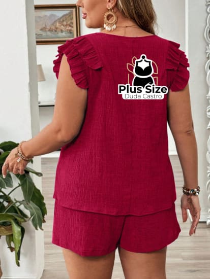 Conjunto Em Crepe De Short E Blusa Leve Descontraído Plus Size Short Blusa