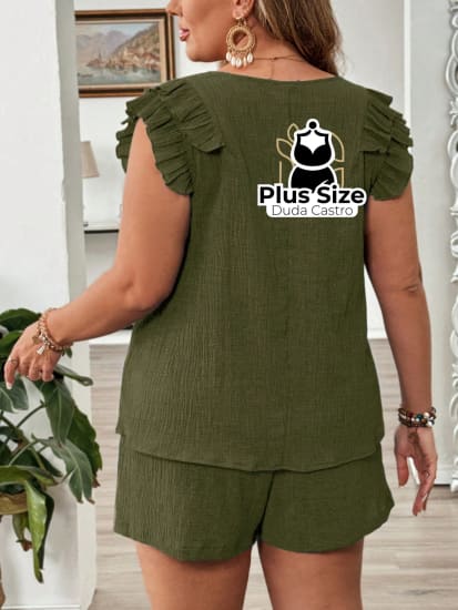 Conjunto Em Crepe De Short E Blusa Leve Descontraído Plus Size Short Blusa