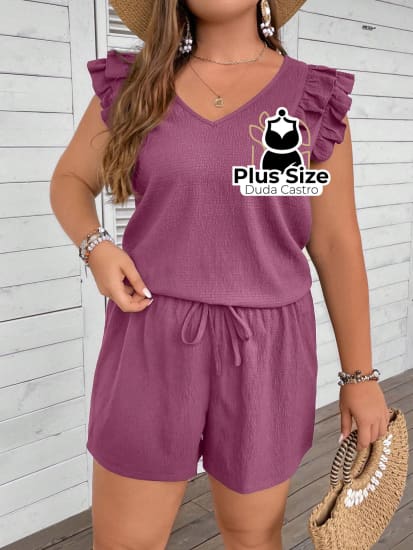 Conjunto Em Crepe De Short E Blusa Leve Descontraído Plus Size Short Blusa