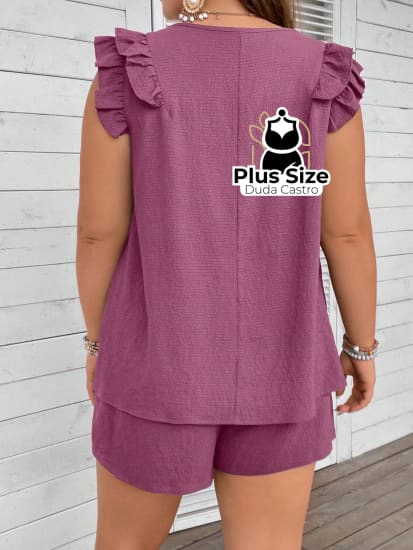 Conjunto Em Crepe De Short E Blusa Leve Descontraído Plus Size Short Blusa