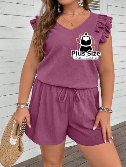 Conjunto Em Crepe De Short E Blusa Leve Descontraído Plus Size Short Blusa