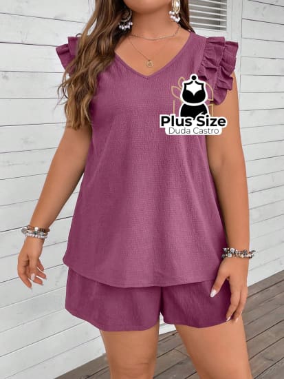 Conjunto Em Crepe De Short E Blusa Leve Descontraído Plus Size Short Blusa