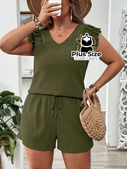 Conjunto Em Crepe De Short E Blusa Leve Descontraído Plus Size Short Blusa