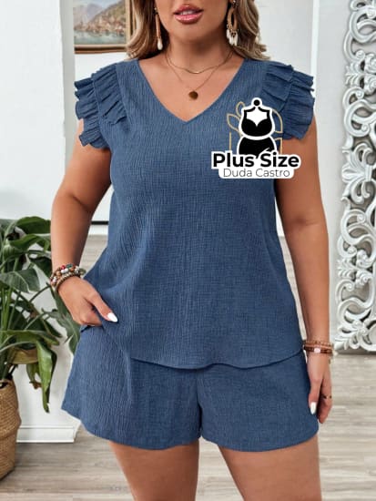 Conjunto Em Crepe De Short E Blusa Leve Descontraído Plus Size G / Azul Short Blusa