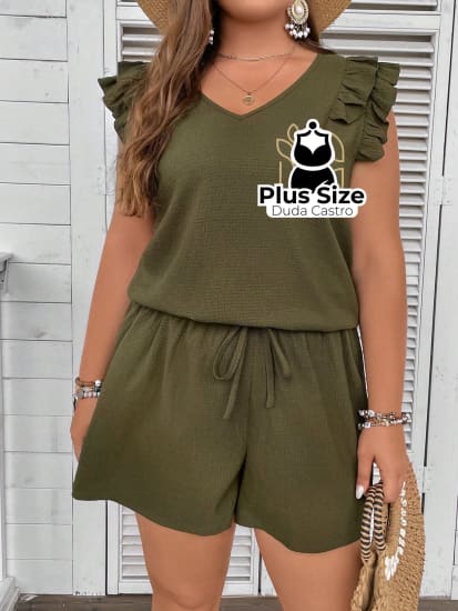 Conj Plus Size Short e Blusa Leve e Descontraído - G / Verde