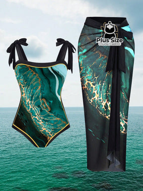 Conjunto Maiô E Pareô Com Estampa Marmorizada Plus Size