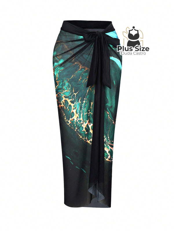 Conjunto Maiô E Pareô Com Estampa Marmorizada Plus Size