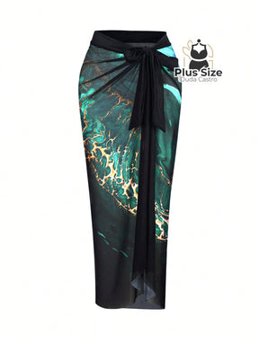 Conjunto Maiô E Pareô Com Estampa Marmorizada Plus Size