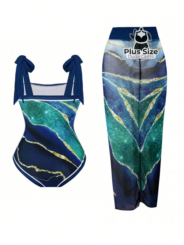 Conjunto Maiô E Pareô Com Estampa Marmorizada Plus Size