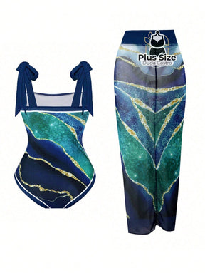 Conjunto Maiô E Pareô Com Estampa Marmorizada Plus Size