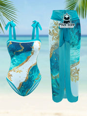 Conjunto Maiô E Pareô Com Estampa Marmorizada Plus Size G / Azul Claro