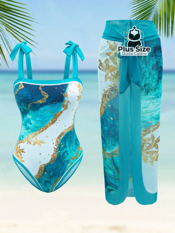 Conjunto Maiô E Pareô Com Estampa Marmorizada Plus Size G / Azul Claro