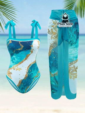 Conjunto Maiô E Pareô Com Estampa Marmorizada Plus Size G / Azul Claro