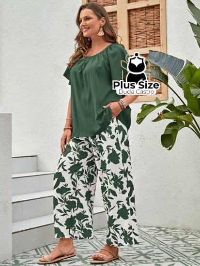 Conjunto Plus Size Gola Redonda Plissado Com Calça Estampada Várias Cores