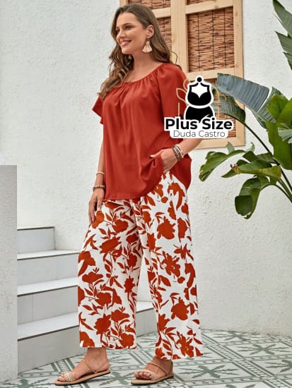 Conjunto Plus Size Gola Redonda Plissado Com Calça Estampada Várias Cores