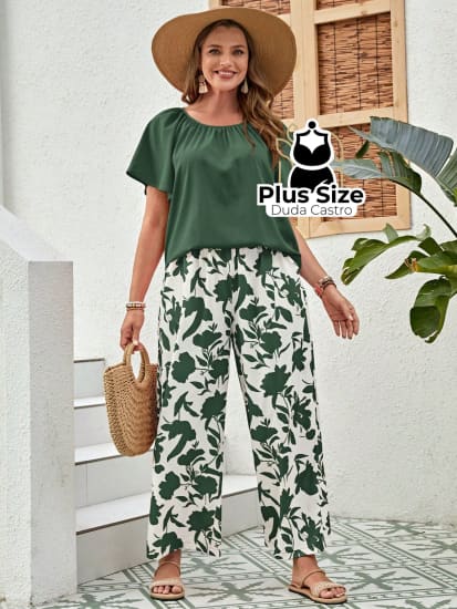 Conjunto Plus Size Gola Redonda Plissado Com Calça Estampada Várias Cores