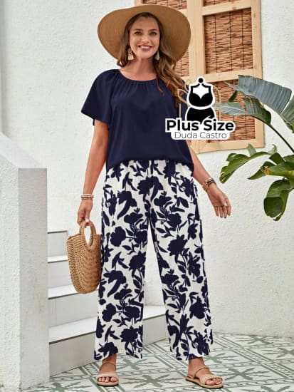 Conjunto Plus Size Gola Redonda Plissado Com Calça Estampada Várias Cores