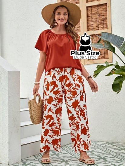 Conjunto Plus Size Gola Redonda Plissado Com Calça Estampada Várias Cores