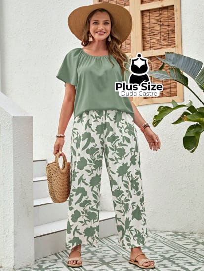 Conjunto Plus Size Gola Redonda Plissado Com Calça Estampada Várias Cores