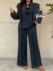 Conjunto Social com Detalhes de Contrates Plus Size G / Azul-Marinho Conjunto Social com Detalhes de Contrates Plus Size