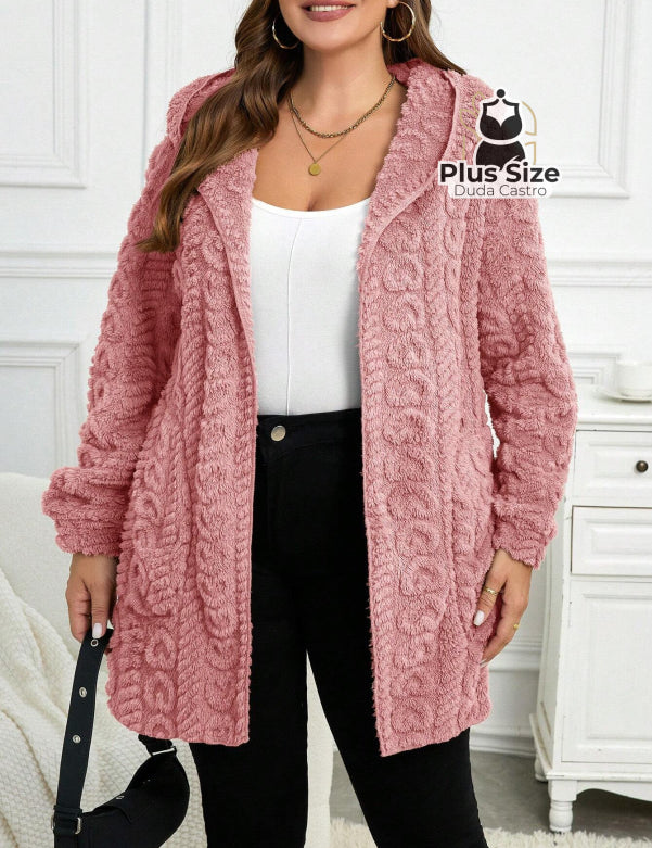 Jaqueta Acolchoada e Forrada com Capuz e Bolsos Plus Size para Inverno Jaqueta Acolchoada e Forrada com Capuz e Bolsos
