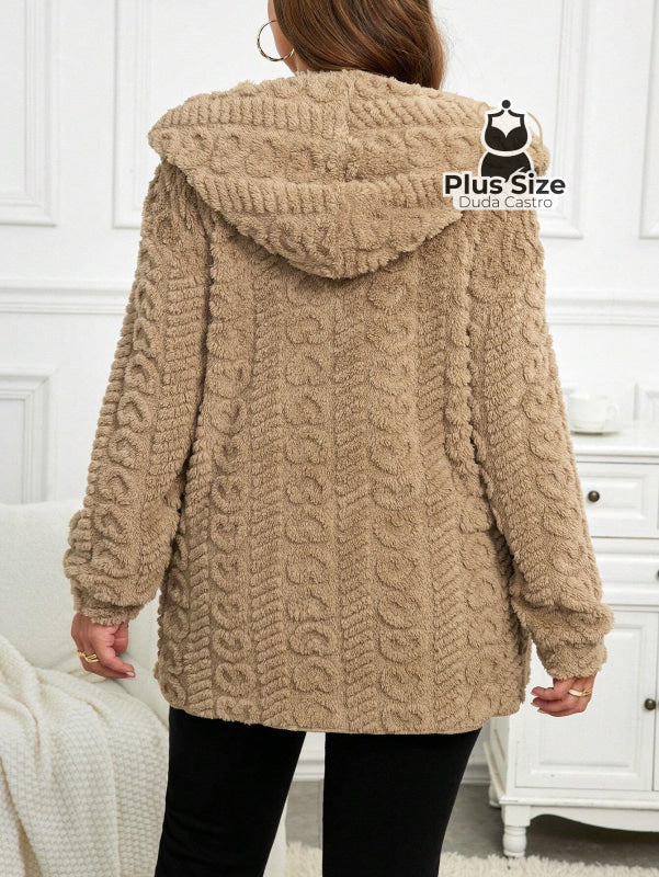 Jaqueta Acolchoada e Forrada com Capuz e Bolsos Plus Size para Inverno Jaqueta Acolchoada e Forrada com Capuz e Bolsos