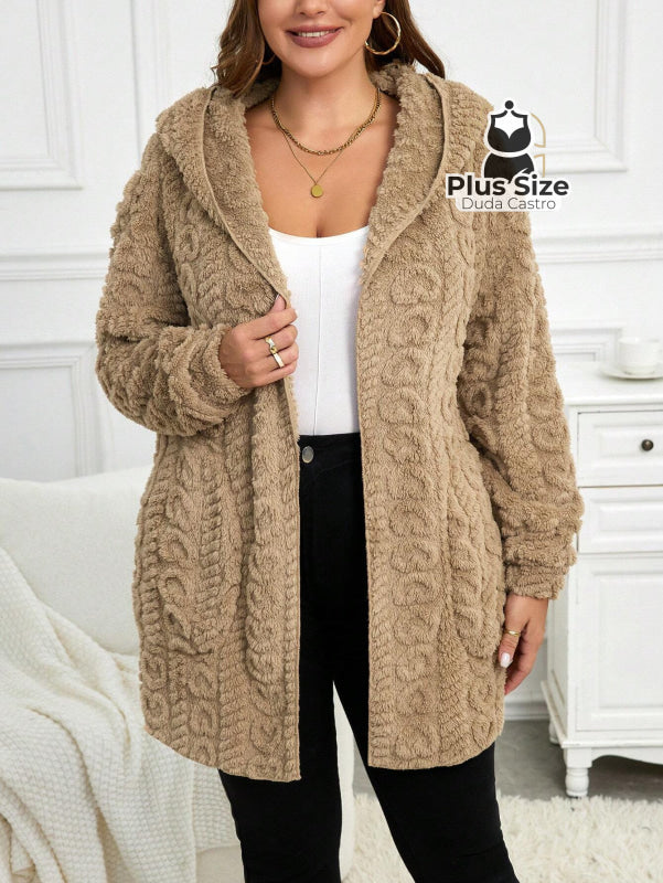 Jaqueta Acolchoada e Forrada com Capuz e Bolsos Plus Size para Inverno Capuccino / G Jaqueta Acolchoada e Forrada com