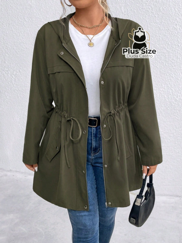 Jaqueta com Capuz Botões Cinto Várias Cores Plus Size Jaqueta com Capuz Botões Cinto Várias Cores Plus Size