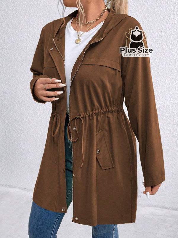 Jaqueta com Capuz Botões Cinto Várias Cores Plus Size Jaqueta com Capuz Botões Cinto Várias Cores Plus Size