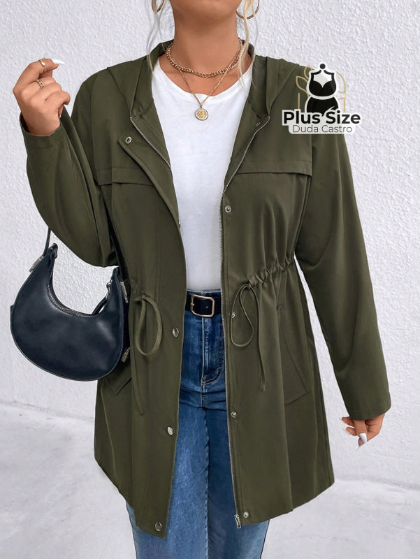 Jaqueta com Capuz Botões Cinto Várias Cores Plus Size Jaqueta com Capuz Botões Cinto Várias Cores Plus Size