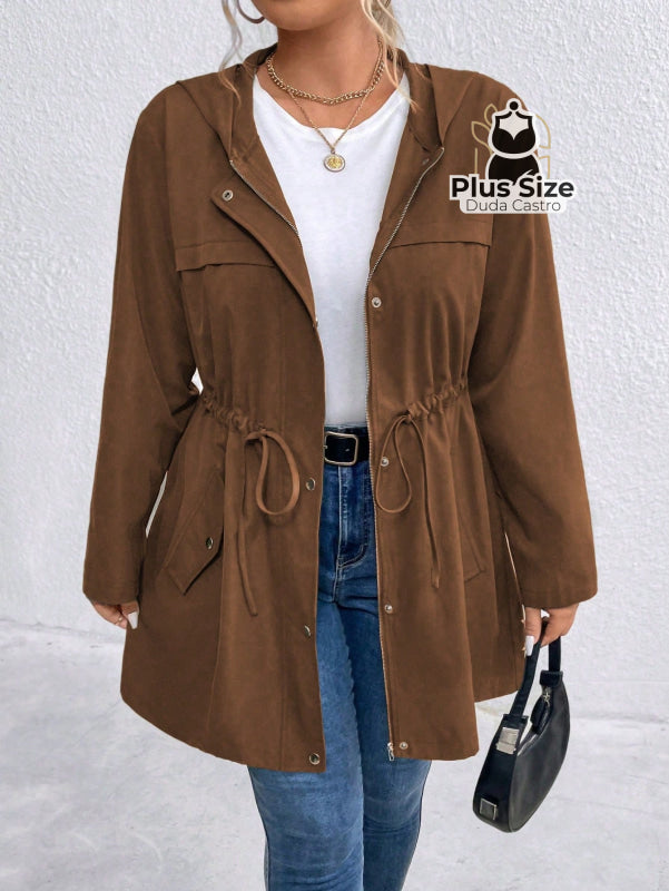 Jaqueta com Capuz Botões Cinto Várias Cores Plus Size Jaqueta com Capuz Botões Cinto Várias Cores Plus Size