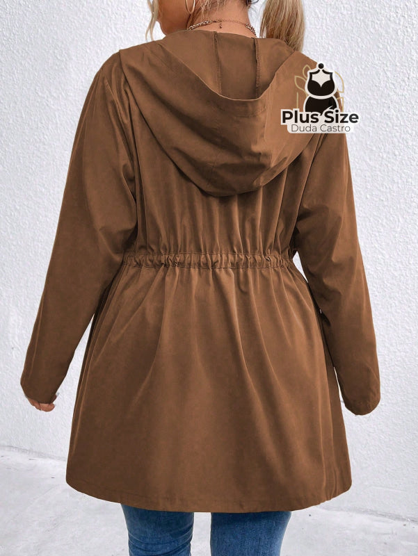 Jaqueta com Capuz Botões Cinto Várias Cores Plus Size Jaqueta com Capuz Botões Cinto Várias Cores Plus Size