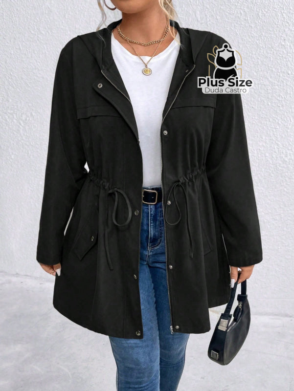 Jaqueta com Capuz Botões Cinto Várias Cores Plus Size Jaqueta com Capuz Botões Cinto Várias Cores Plus Size