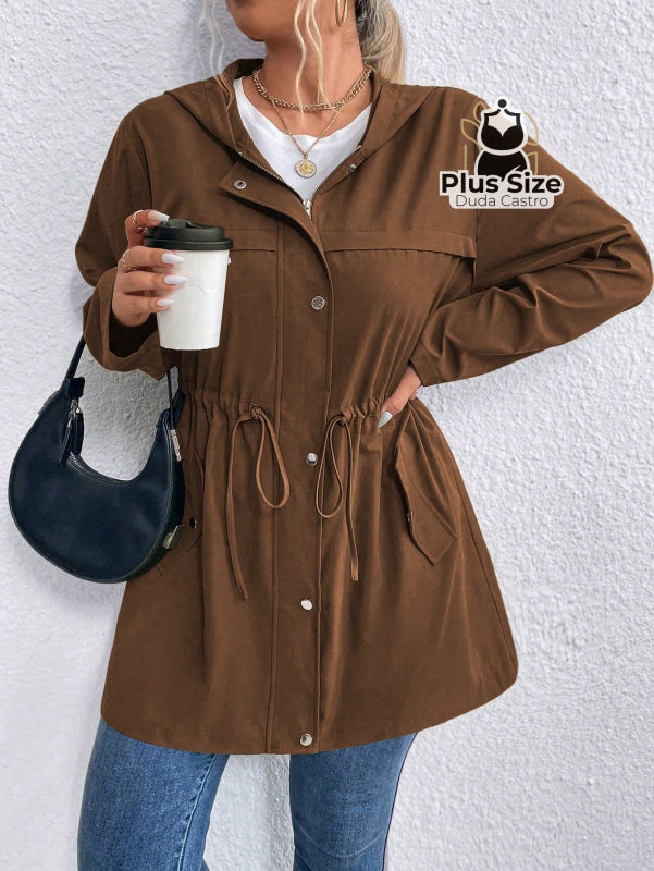 Jaqueta com Capuz Botões Cinto Várias Cores Plus Size Jaqueta com Capuz Botões Cinto Várias Cores Plus Size