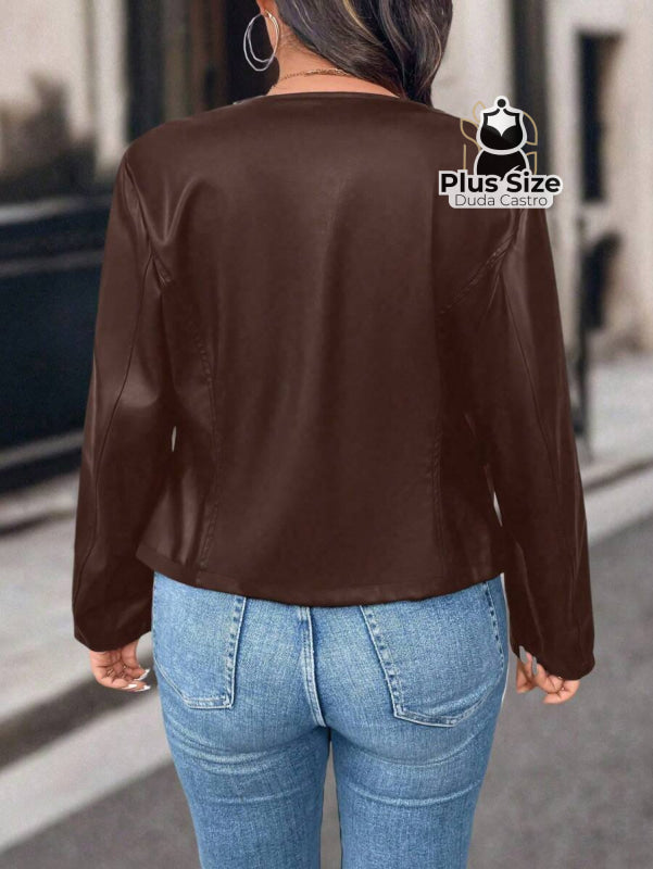 Jaqueta Feminina Plus Size em Couro PU – Poder Estilo e Atitude em Cada Zíper Jaqueta Feminina Plus Size em Couro PU –