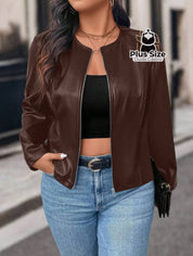 Jaqueta Feminina Plus Size em Couro PU – Poder Estilo e Atitude em Cada Zíper Jaqueta Feminina Plus Size em Couro PU –