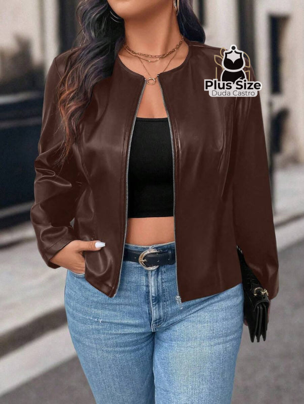 Jaqueta Feminina Plus Size em Couro PU – Poder Estilo e Atitude em Cada Zíper Jaqueta Feminina Plus Size em Couro PU –