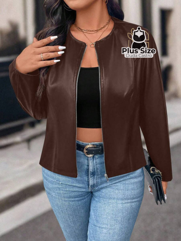 Jaqueta Feminina Plus Size em Couro PU – Poder Estilo e Atitude em Cada Zíper Jaqueta Feminina Plus Size em Couro PU –