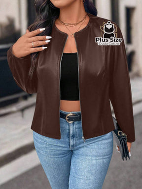 Jaqueta Feminina Plus Size em Couro PU – Poder Estilo e Atitude em Cada Zíper Jaqueta Feminina Plus Size em Couro PU –