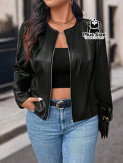 Jaqueta Feminina Plus Size em Couro PU – Poder Estilo e Atitude em Cada Zíper Jaqueta Feminina Plus Size em Couro PU –