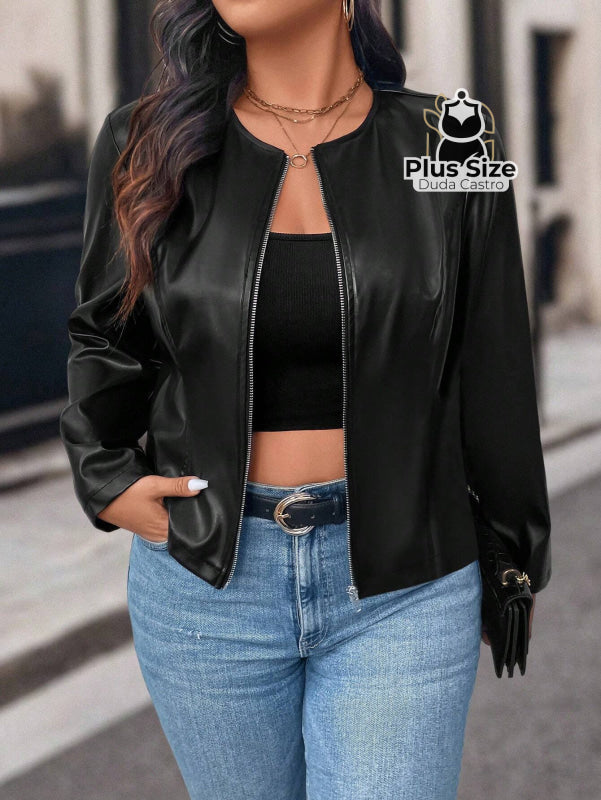 Jaqueta Feminina Plus Size em Couro PU – Poder Estilo e Atitude em Cada Zíper Jaqueta Feminina Plus Size em Couro PU –