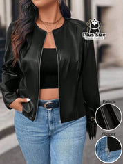 Jaqueta Feminina Plus Size em Couro PU – Poder Estilo e Atitude em Cada Zíper Jaqueta Feminina Plus Size em Couro PU –