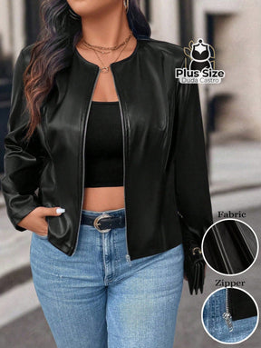 Jaqueta Feminina Plus Size em Couro PU – Poder Estilo e Atitude em Cada Zíper Jaqueta Feminina Plus Size em Couro PU –