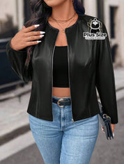Jaqueta Feminina Plus Size em Couro PU – Poder Estilo e Atitude em Cada Zíper Jaqueta Feminina Plus Size em Couro PU –