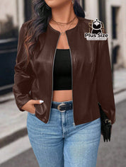 Jaqueta Feminina Plus Size em Couro PU – Poder Estilo e Atitude em Cada Zíper Café / G Jaqueta Feminina Plus Size em